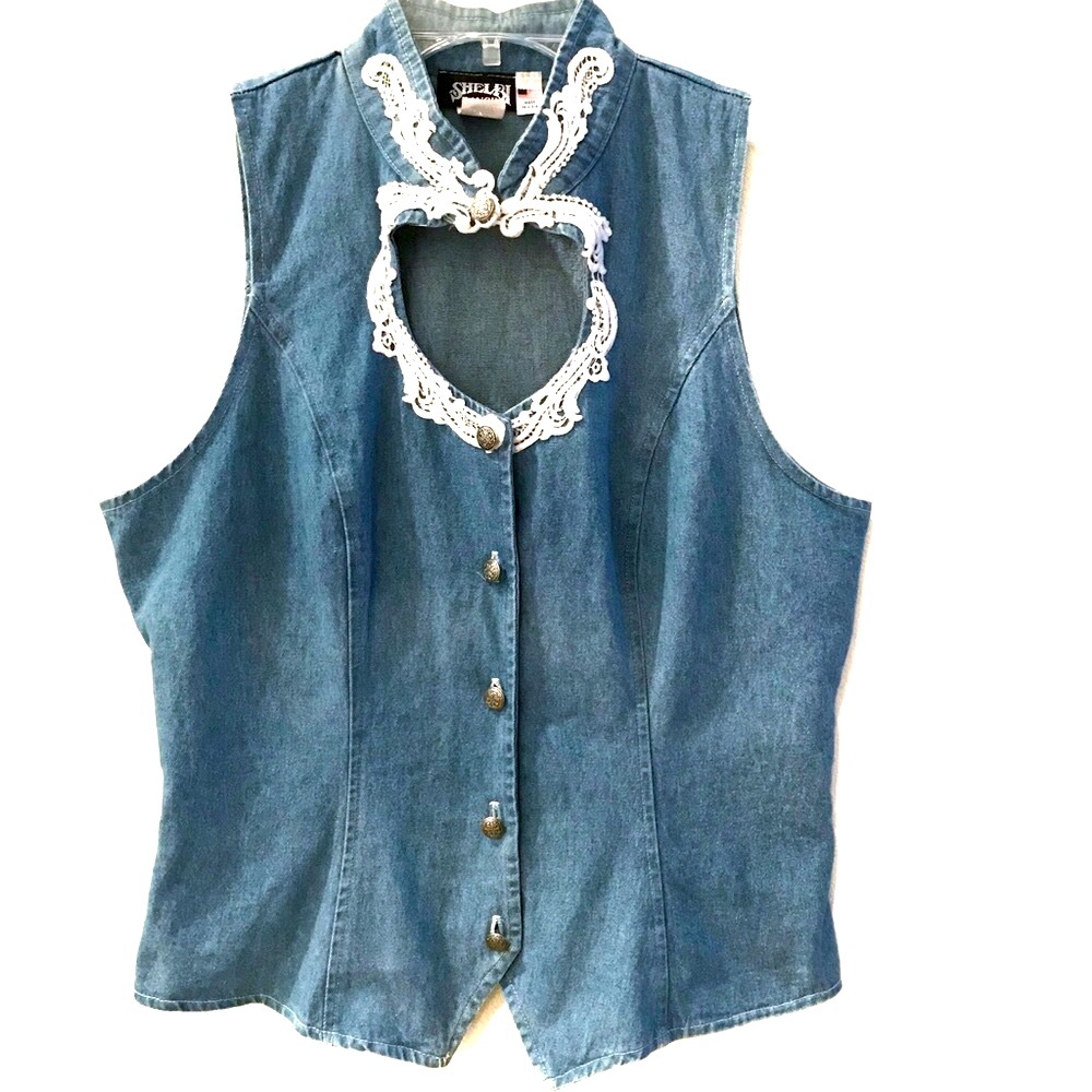 Shelbi Ranch PL WESTERN denim top Sleeveless Vintage Cut out Lace peek a boo